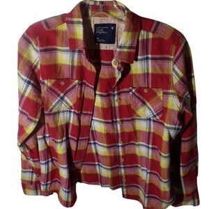 American Eagle Women's 10 Flannel Shirt Red‎ Yellow Blue Plaid Cotton Pockets